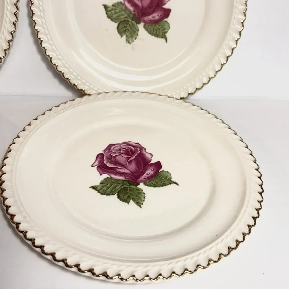 Harker Pottery Co Wild Rose Dessert Plates 22K Gold Rim Bread USA 1940s Tea 4